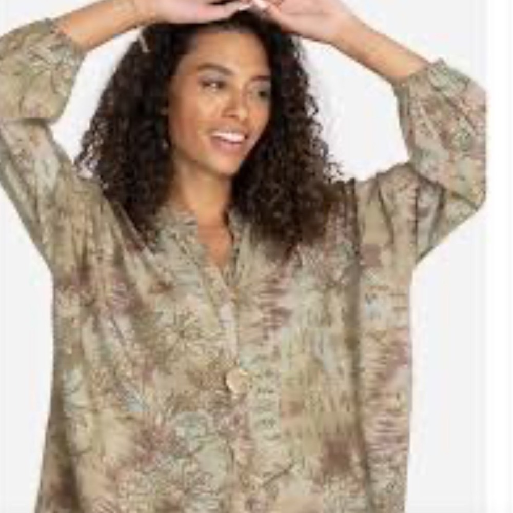 Johnny Was Calme Floral Tie Dye Rayon Tunic Top Band Collar Olive Tan S M